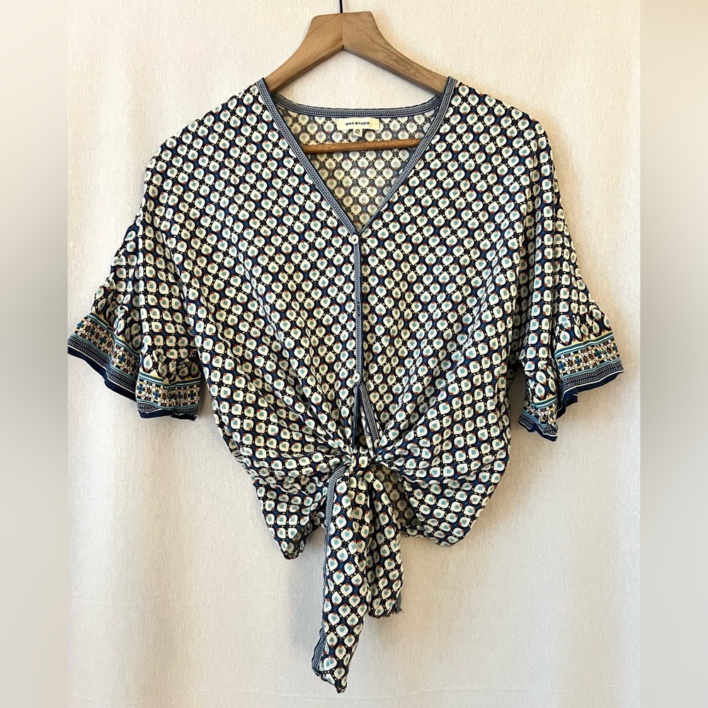 MAX STUDIO | Boho Quarter Sleeve Blouse | Button | Crop | Tie | Blue